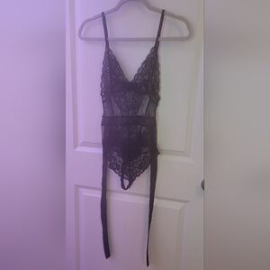 Black Lace/ Net Thong Style Bodysuit With Bow Tie Size XL